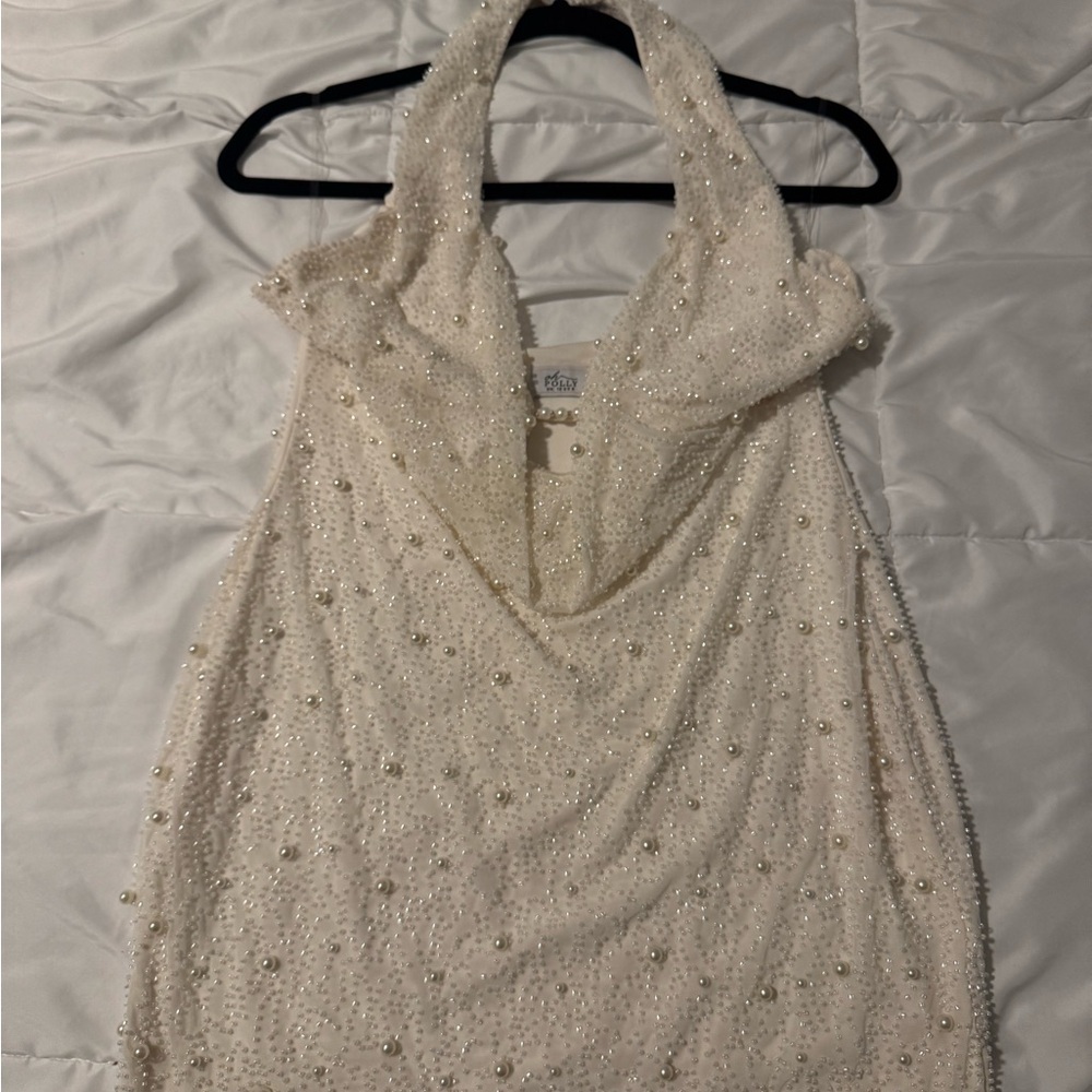 Oh Polly Ivory Pearl-Embellished Mini Dress